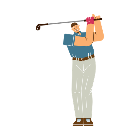 Gray-haired old man playing golf with club and swing  Illustration