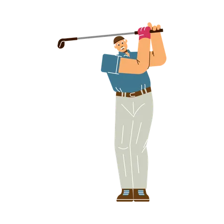 Gray-haired old man playing golf with club and swing  Illustration