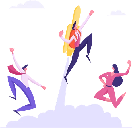 Cheerful Colleagues See Off Cool Businessman Flying Off With Jet Pack Great Start Career Boost Or Fast Business Growth With Male Office Worker With Rocket On Back Cartoon Flat Vector Illustration Illustration