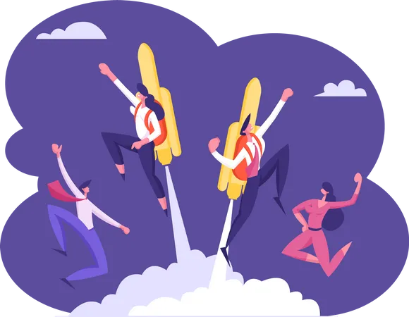 Happy Colleagues See Off Couple Of Cheerful Business Workers Flying Off With Jet Pack Man And Woman Flying Up By Rocket On Back Career Boost Leadership Success Cartoon Flat Vector Illustration Illustration