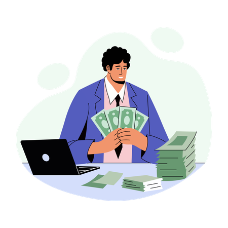 Greedy businessman counts currency notes  Illustration