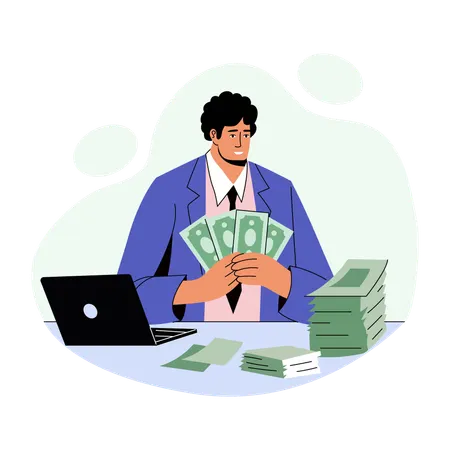 Greedy businessman counts currency notes  Illustration