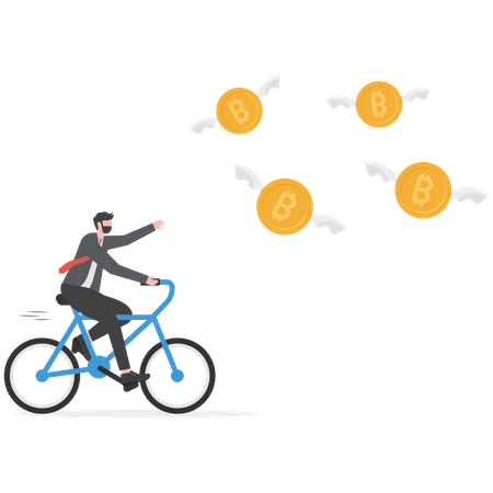 Greedy businessman investor chasing try to catch flying bitcoin  Illustration
