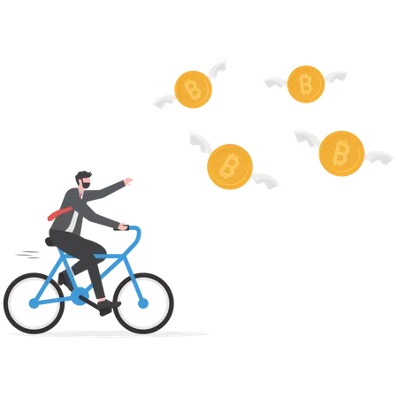 Greedy businessman investor chasing try to catch flying bitcoin  Illustration
