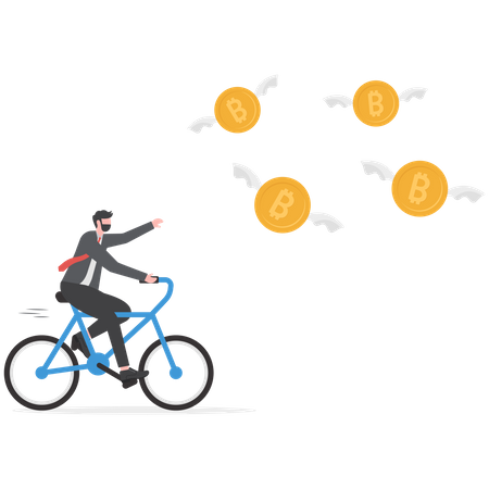 Greedy businessman investor chasing try to catch flying bitcoin  Illustration