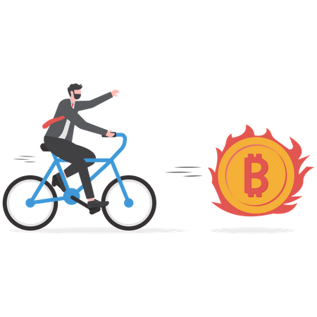 Greedy businessman investor chasing try to catch hot fire flying bitcoin  Illustration