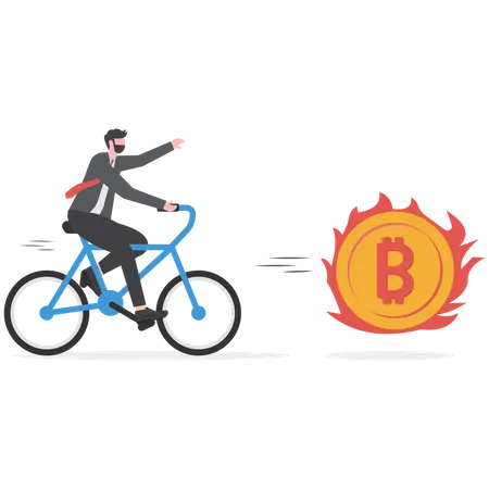 Greedy businessman investor chasing try to catch hot fire flying bitcoin  Illustration