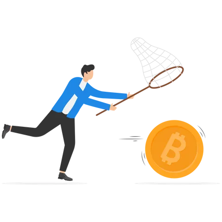 Greedy businessman investor chasing try to catch hot fire flying bitcoin  Illustration