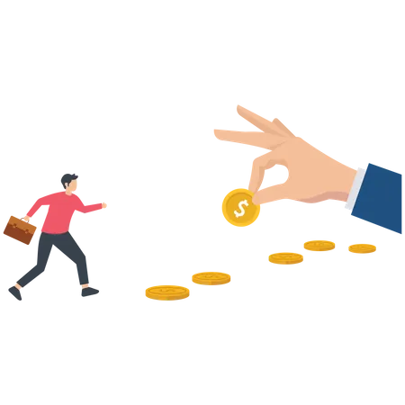 Greedy businessman running to grab money coin trail  Illustration