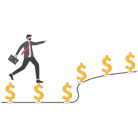 Greedy businessman running to grab money coin trail  Illustration