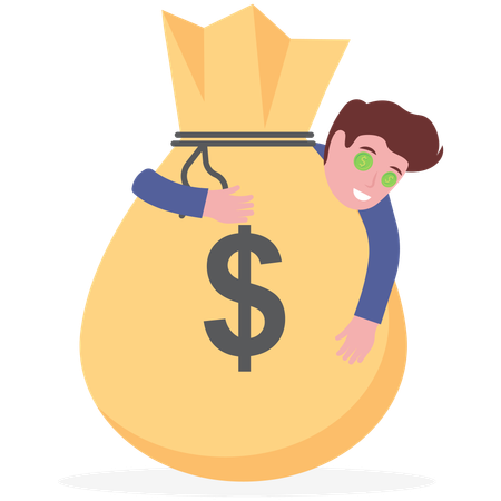 Greedy businessman with dollar eyes hugging money bag  Illustration