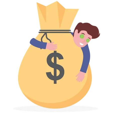 Funny Greedy Businessman With Dollar Eyes Hugging Money Bag Dollar Eyes Greedy Man Concept Illustration