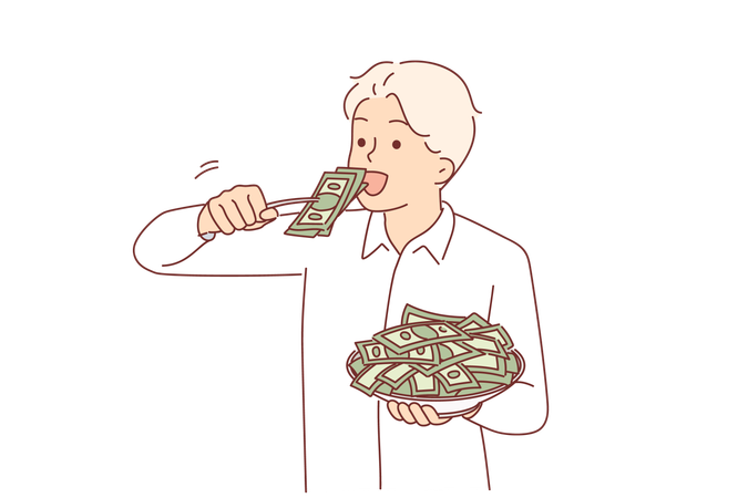 Greedy man eats money from plate symbolizing greed and ambition for wealth or big salary  イラスト