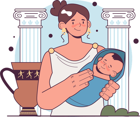 生まれたばかりの赤ちゃんを抱くギリシャ女王  イラスト