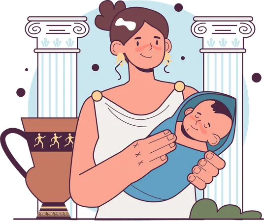 Greek queen with newborn baby  Illustration