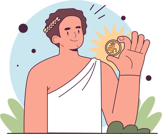 Greek ruler holding gold coin  Illustration