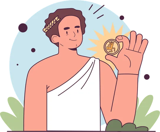 Greek ruler holding gold coin  Illustration