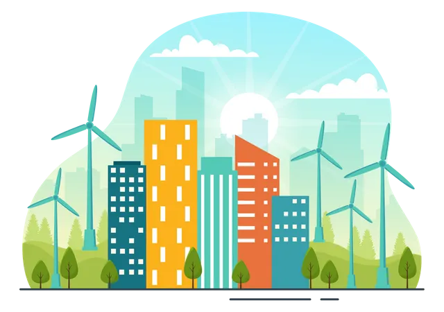 Energy Efficiency In The City Vector Illustration With Sustainable Environment For Electricity Generated From Sun And Wind In Hand Drawn Templates Illustration