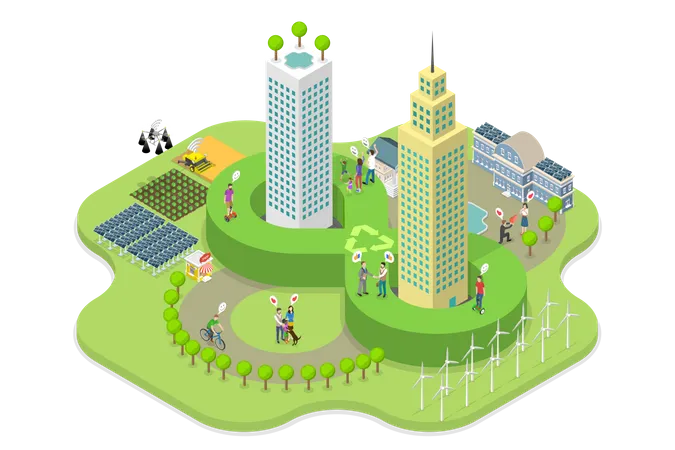 3 D Isometric Flat Vector Conceptual Illustration Of Green City Sustainable Industry And Manufacturing Illustration