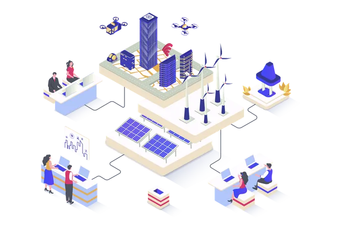 Green City Concept In 3 D Isometric Design Cityscape With Skyscrapers Alternative Energy Sources And Eco Friendly Infrastructure Vector Illustration With Isometry People Scene For Web Graphic Illustration