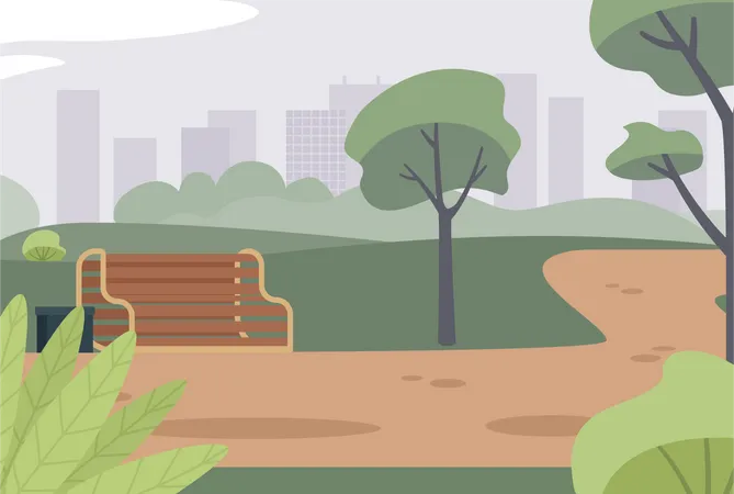 Green City Park In Summer Flat Color Vector Illustration Empty Bench And Road In Urban Garden Place To Rest In Town Fully Editable 2 D Simple Cartoon Landscape With Skyline On Background Illustration