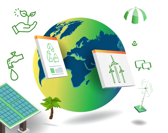 Green Energy Environmental Concept Technology To Take Care Of The World For An Era When Environments Are Damaged By Pollution Green Energy With Windmills And Solar Energy Panels Illustration