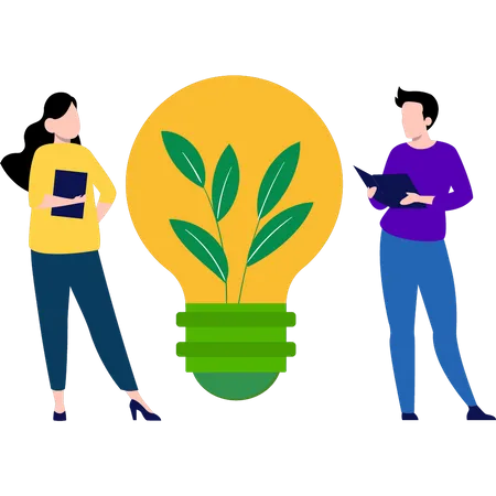 Boy And Girl Stand With Green Bulb Illustration