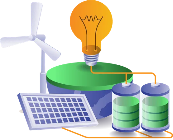 Green energy is used in batteries and fan  イラスト