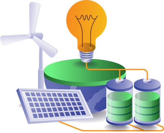 Green energy is used in batteries and fan  Illustration