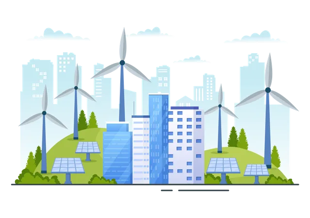 Energy Efficiency In The City Vector Illustration With Sustainable Environment For Electricity Generated From Sun And Wind In Hand Drawn Templates Illustration