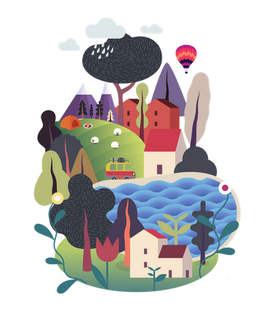 Green island with hills, roads, cars, houses and trees, with mountains  Illustration
