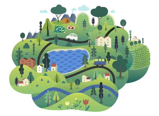Green island with lake, hills, roads, cars, houses and trees Illustration