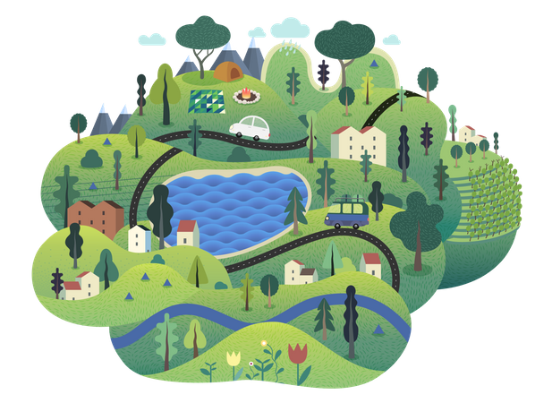 Green island with lake, hills, roads, cars, houses and trees  Illustration