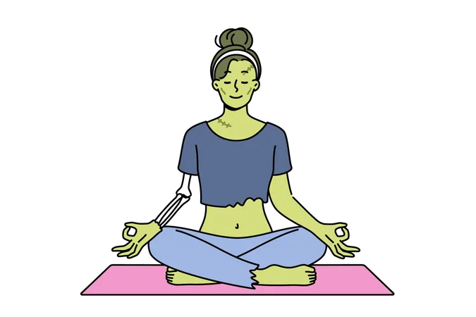Green witch meditating in lotus position doing yoga on halloween to restore health  Illustration