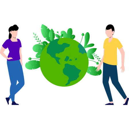 Boy And Girl Stand With A Green World Illustration