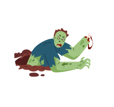 Green Zombie Coming Out Of Grave On Halloween  Illustration