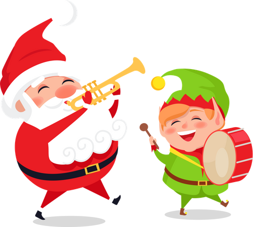 Greeting Card with Santa Claus and Elf, Web poster Illustration