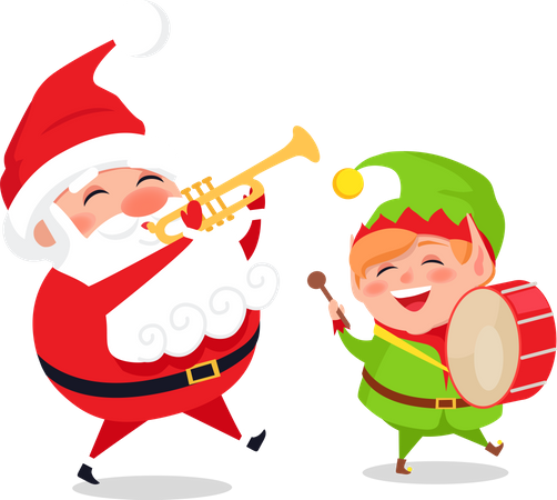 Greeting Card with Santa Claus and Elf, Web poster  Illustration