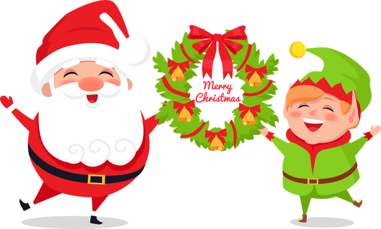 Greeting Card with Santa Claus and Elf, Web poster  Illustration