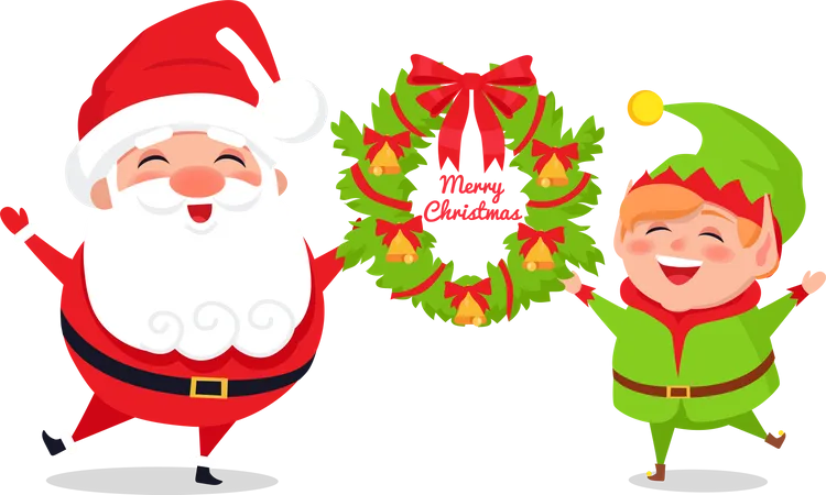 Greeting Card with Santa Claus and Elf, Web poster  Illustration