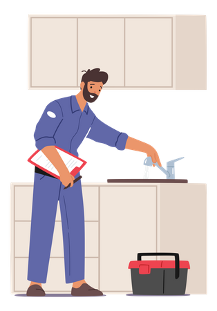 Grifo de fregadero de cocina de fijación de fontanero  Ilustración
