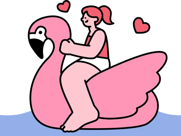 Gril curtindo passeio de flamingo  Ilustração