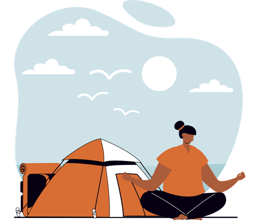 Gril faisant de la méditation dans une tente de camping  Illustration