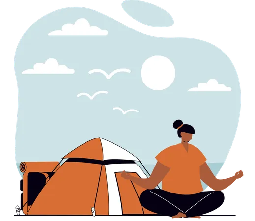 Gril faisant de la méditation dans une tente de camping  Illustration