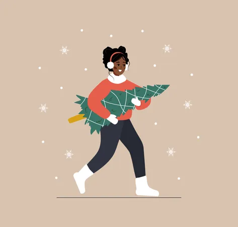 Woman Carries Christmas Tree African Smiling Girl Preparing For Winter Holidays People Buying Christmas Fir On The Fair New Year Postcard Vector Illustration In Flat Cartoon Style Illustration
