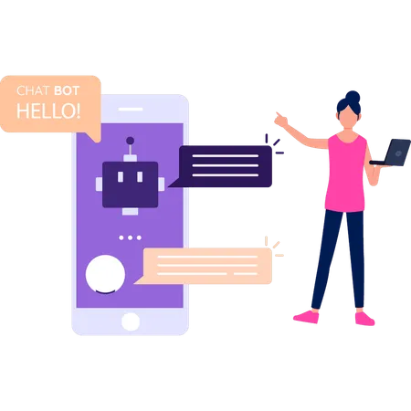 A Girl Is Pointing At The AI Robot On Mobile Illustration