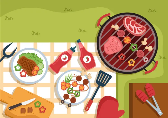 BBQ Oder Barbecue Mit Steaks Auf Dem Grill Toaster Tellern Wurst Huhn Und Gemuse Auf Flachem Hintergrund Cartoon Illustration Illustration