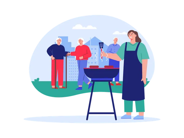 Grillparty im Pflegeheim  Illustration