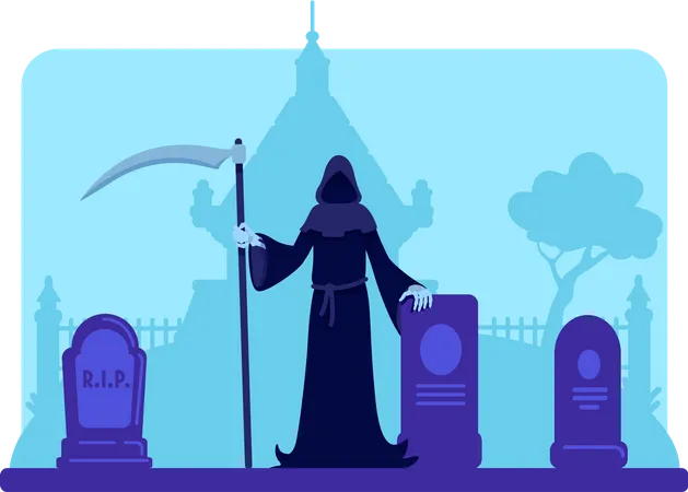 Grim reaper with scythe at cemetery  Illustration