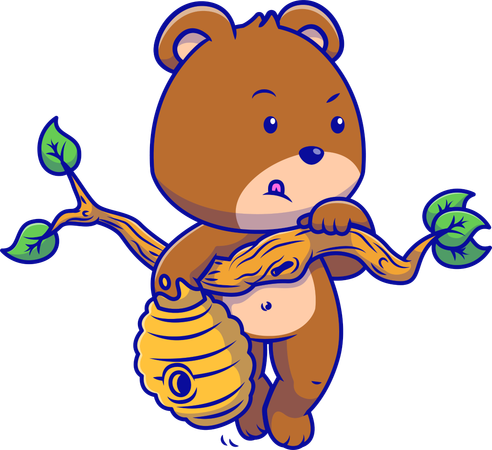 Grizzly Bear Hanging On Branch Holding Honey  Illustration